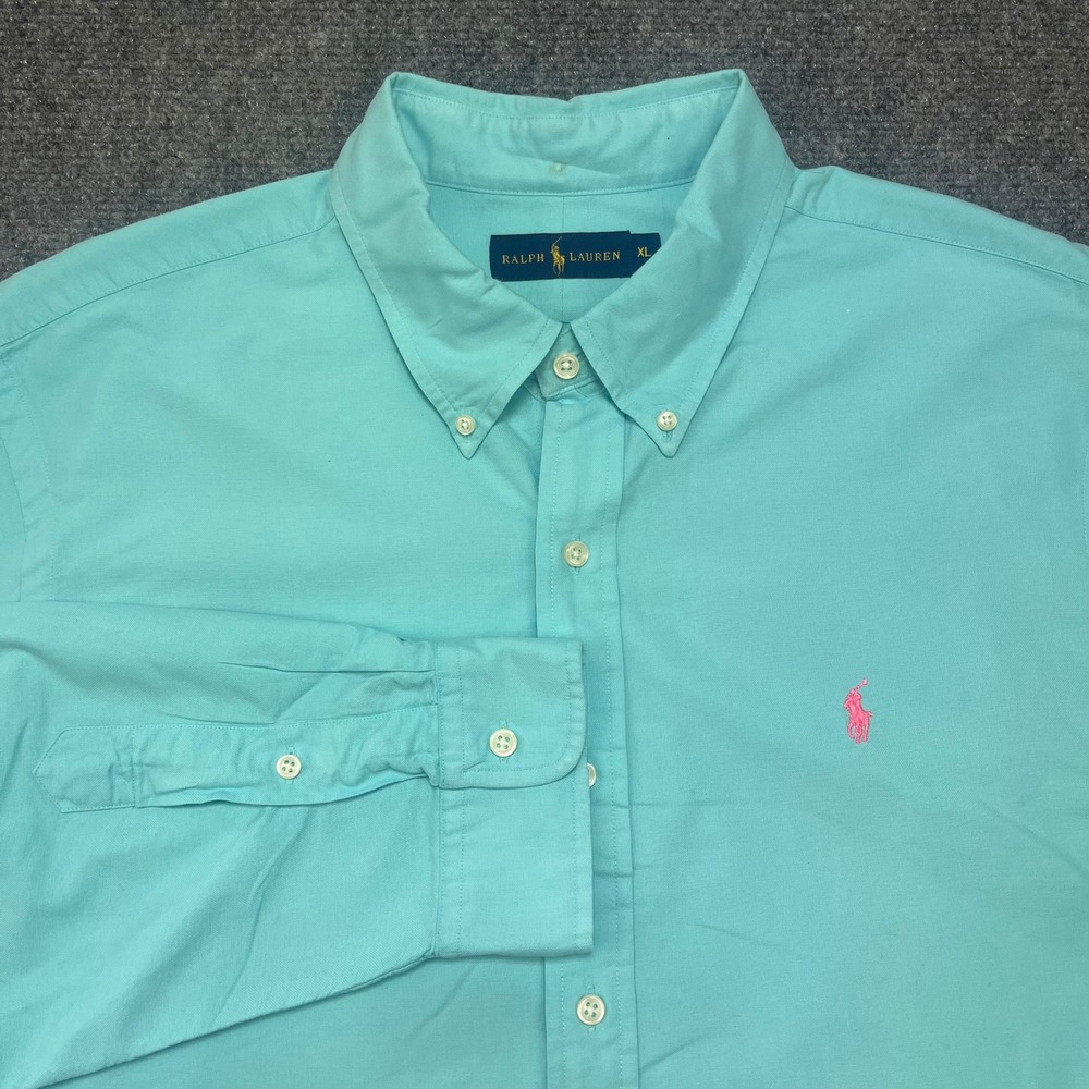 Ralph Lauren Men XL Oxford Shirt Turquoise Blue Pink Pony Long Sleeve Teal